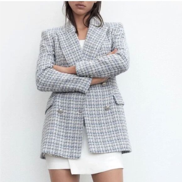 Zara Small Blue Double Breasted Blue Tweed Blazer - Picture 1 of 6